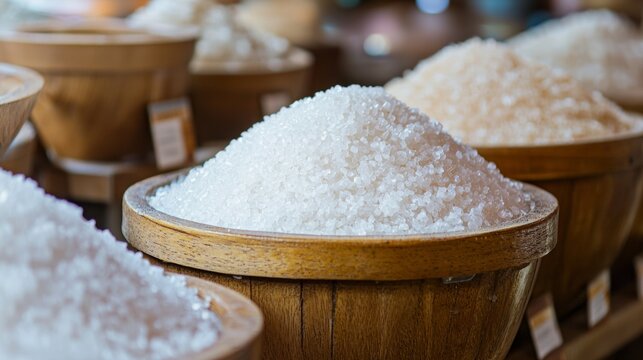 Wooden bowls filled with coarse salt in market display