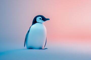 Obraz premium Adorable Emperor Penguin Standing Gracefully Against a Soft Gradient Background in Shades of Pink and Blue, Perfect for Wildlife and Nature Themes