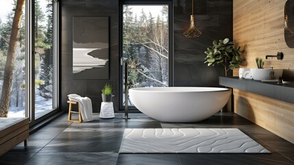 Fototapeta premium Modern bathroom with forest view and freestanding tub