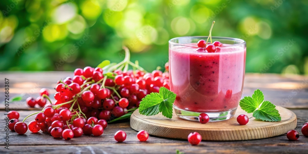 Poster a refreshing glass of red berry smoothie with a garnish of fresh berries and a green leaf on a woode