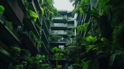 Modern apartment buildings surrounded by lush greenery in an urban setting
