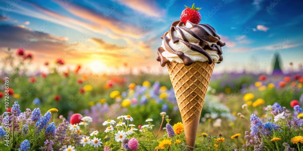 Poster a chocolate and vanilla ice cream cone topped with a strawberry sits in a field of colorful wildflow