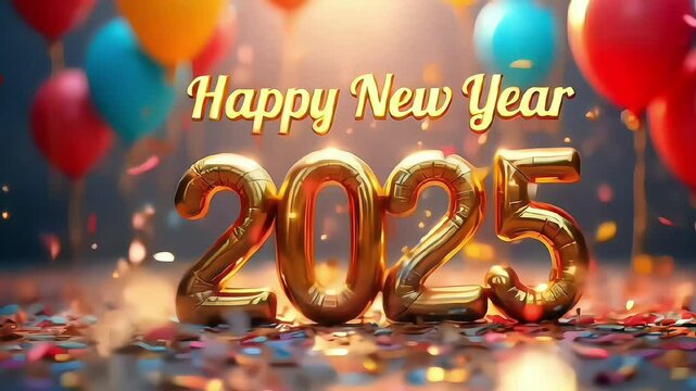 Happy new year text 2025 with balloons background 