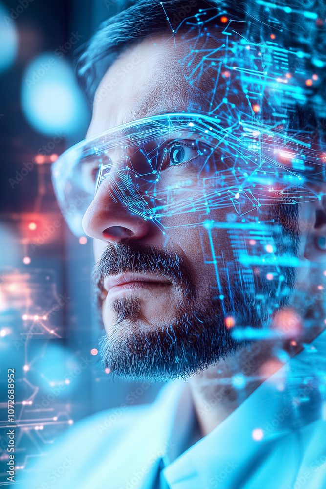 Poster the scientist focuses intently on visualizing complex data displayed through holograms in a lab