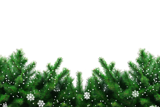 Green fir branches with white snowflakes on isolated transparent background. Christmas tree branch border, frame. Xmas, New Year, winter decoration, holiday, celebration, design element. Alpha mask. - Powered by Adobe