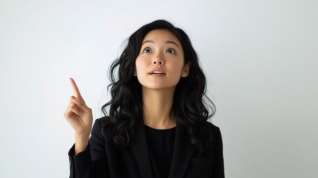 Young Asian Woman Teacher Pointing Upward While Expressing Ideas and Engaging in Creative Thinking in a Studio Setting - Powered by Adobe