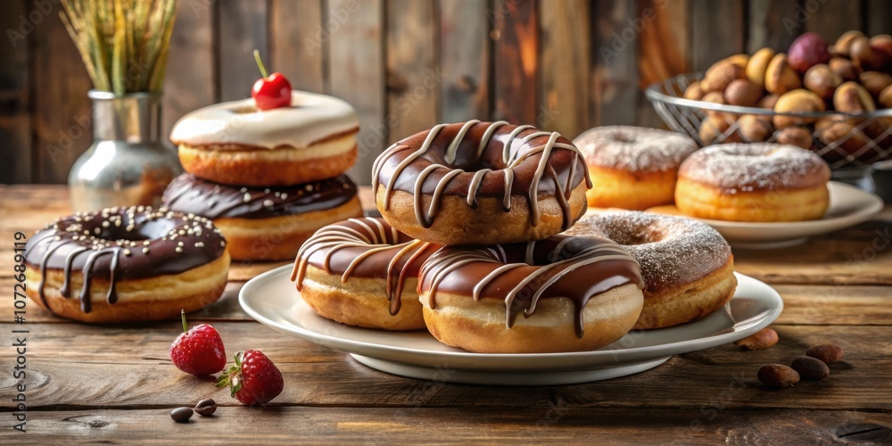 Poster a delectable array of donuts, some glazed, others with rich chocolate frosting, arranged on a white 