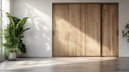 Modern interior with wooden sliding doors and green plants for a refreshing atmosphere.