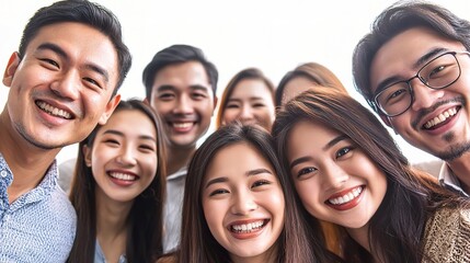 Group of Smiling Asian Business Professionals Posing Together and Celebrating Team Achievement in a Bright and Cheerful Environment