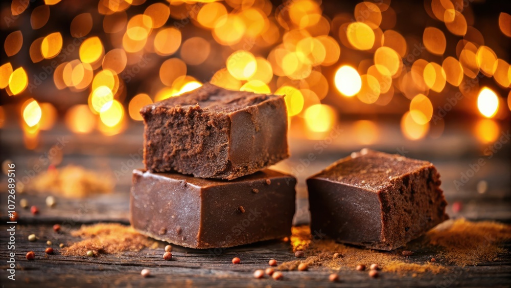 Poster rich chocolate squares with warm bokeh lights and spiced dusting
