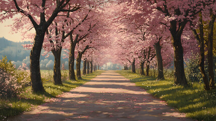 Fototapeta premium A tranquil path lined with cherry blossom trees in full bloom.