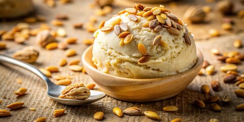 Fototapeta premium A scoop of creamy, nutty ice cream topped with toasted seeds, nestled in a wooden bowl, surrounded by scattered almonds on a rustic wooden surface.