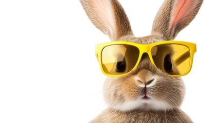 cute cool brown rabbit wearing yellow sunglasses, isolated, transparent, png, background