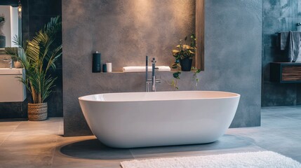 Modern bathroom with freestanding tub and plant decor