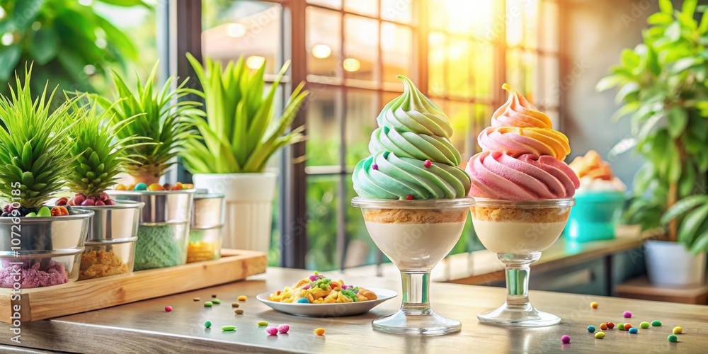 Poster two colorful ice cream swirls in glass bowls, sitting on a wooden table with a window in the backgro
