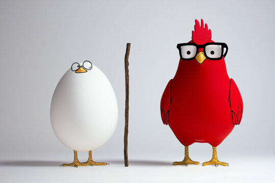 egg versus chicken dilemma, cute characters depict