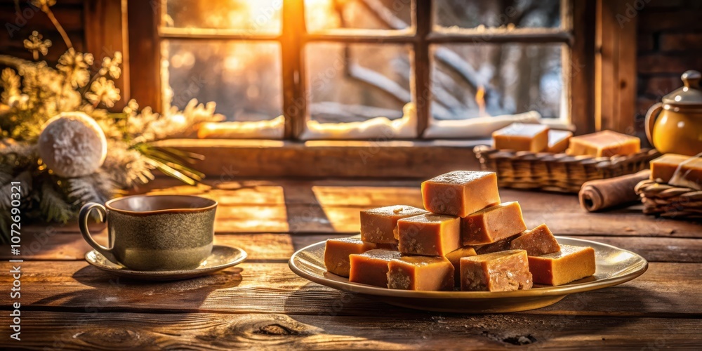 Aufkleber A rustic wooden table setting bathed in the warm glow of the setting sun, featuring a simple cup of tea and a plate of freshly made caramel candies, a perfect winter treat.