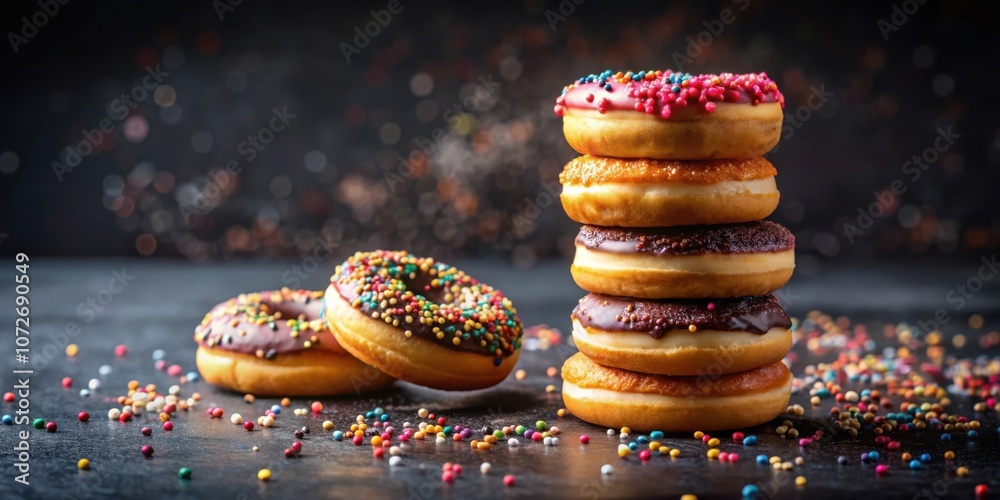 Poster a stack of glazed donuts with colorful sprinkles on a black background and scattered sprinkles surro