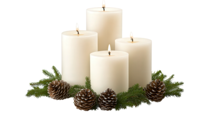 christmas candle and decorations, pine cones, isolated, transparent, png, background