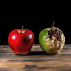 Fresh Red Apple vs Rotten Green Apple on Wooden Table - Decay and Time Concept.