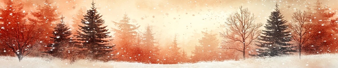  Snowy pine trees in red-toned panoramic watercolor winter scene