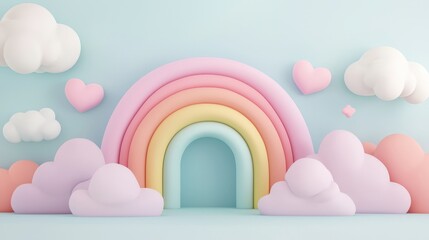 3D Rainbow  Clouds   Hearts Pastel Background   Cute  Dreamy Scene