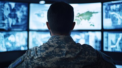 Military Officer Monitoring Data on Monitors in Control Room