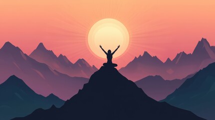 Silhouette of Person Reaching Towards the Sun on Mountain Peak at Sunset.