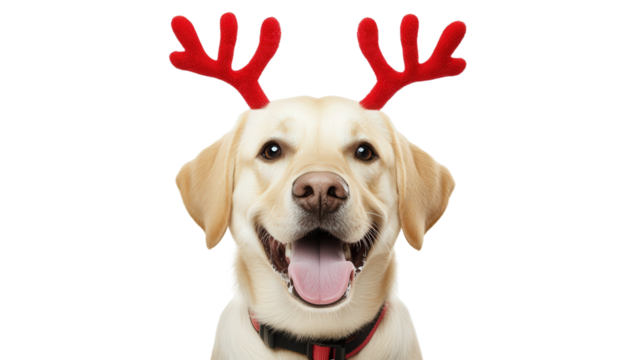 dog wearing red reindeer antlers, isolated, transparent, png, background