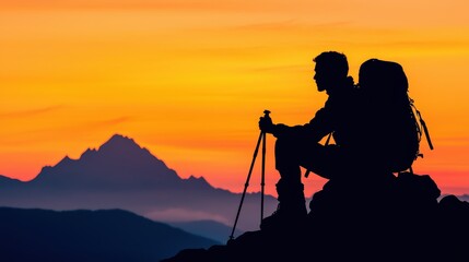 Silhouette of Hiker at Sunrise with Mountain View