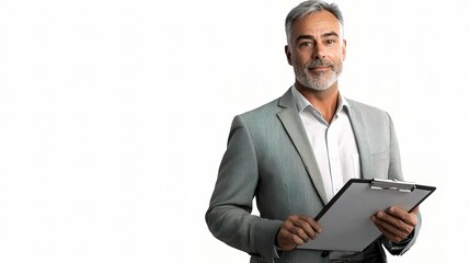 Mature Caucasian businessman in a light gray suit holding a clipboard, exuding confidence and professionalism against a clean white background, ideal for corporate and business themes.