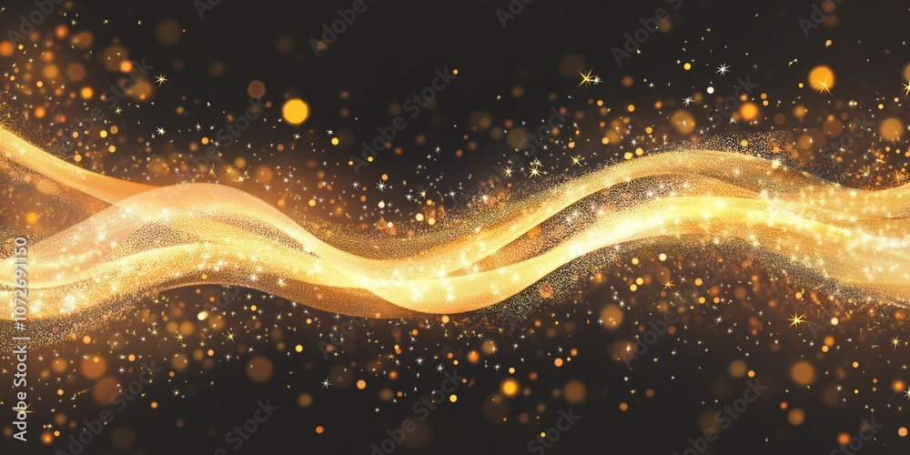 Poster abstract gold wave line with sparkling particles on black background. shiny glowing effect, golden g