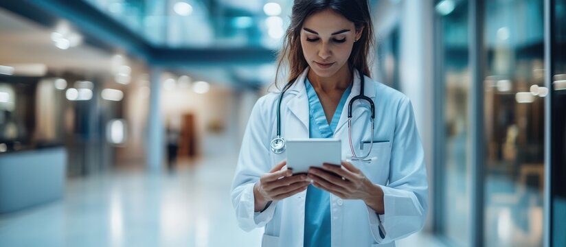 A female doctor wearing a white lab coat and stethoscope uses a tablet computer in a hospital hallway.