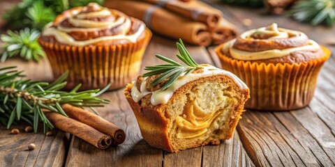 Fototapeta premium A halved cinnamon roll cupcake with a white glaze sits beside two whole cupcakes with cinnamon sticks and greenery on a rustic wood surface