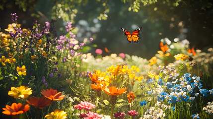 A vibrant garden filled with colorful flowers and butterflies.