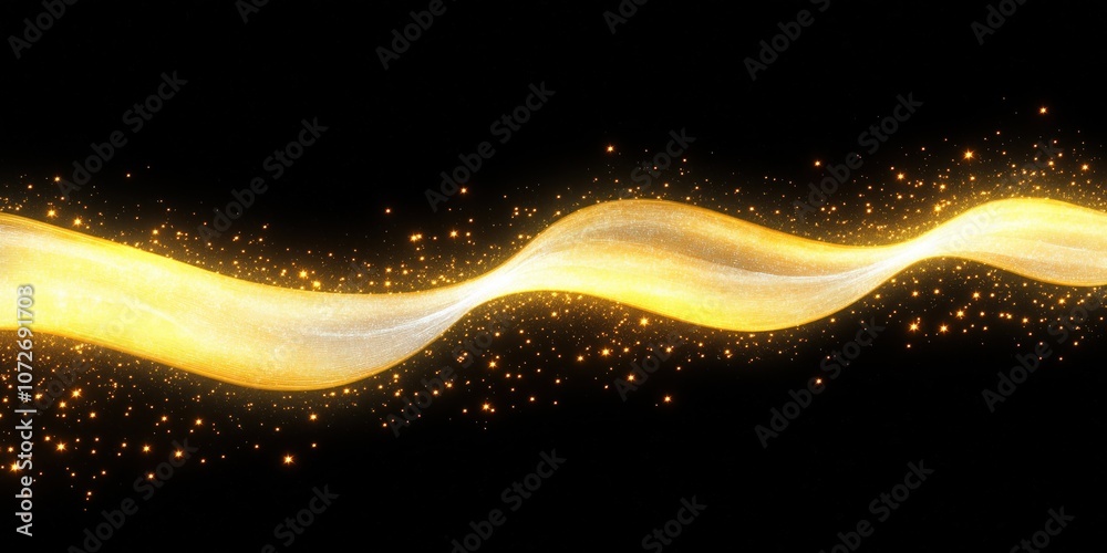 Aufkleber Golden glowing wave with sparkle. Abstract curve design element on black background. Shiny yellow line shape effect, bright motion blur. Luxury decoration for holiday event. Futuristic neon