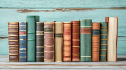 Naklejka premium Vintage Leather Bound Books Row On Rustic Wooden Table Library Literature Collection