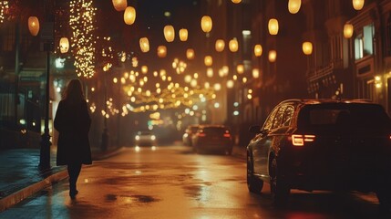Nighttime street scene illuminated by glowing lanterns, showcasing a lone figure walking amidst festive lights and parked cars, creating a cozy urban atmosphere.