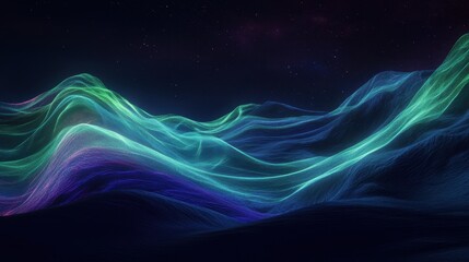 Fototapeta premium Abstract Night Sky with Glowing Green and Blue Hills, Digital Art, Cosmic Landscape.