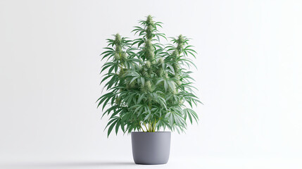 Flourishing cannabis plant with buds in a modern gray pot.