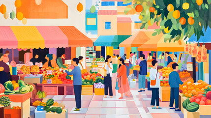 A vibrant market scene filled with happy shoppers and colorful stalls.