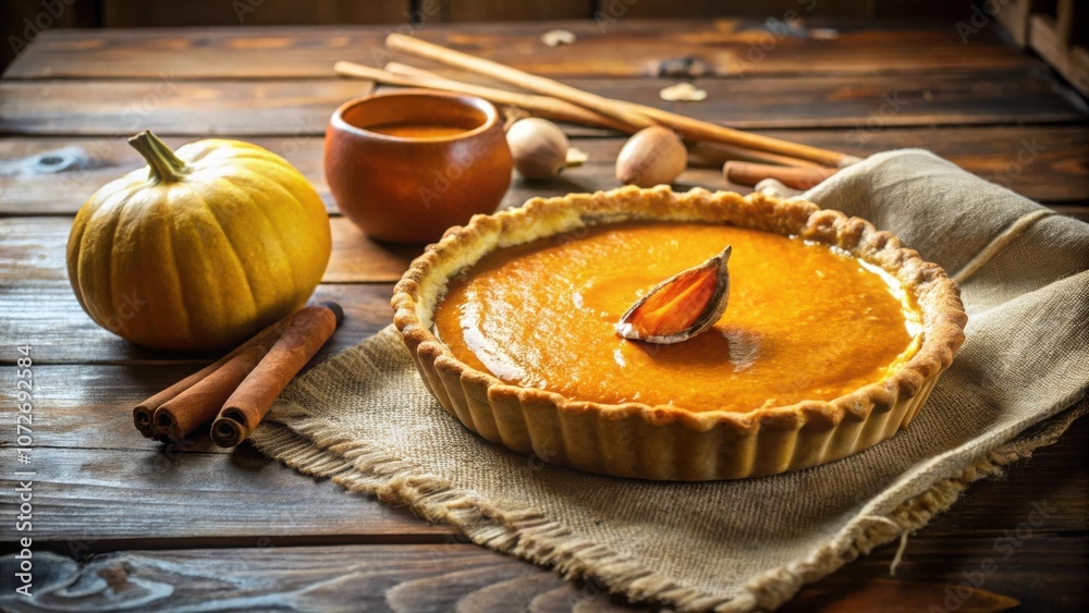 Poster a freshly baked pumpkin pie with golden crust and a cinnamon garnish, ready to be sliced and served 