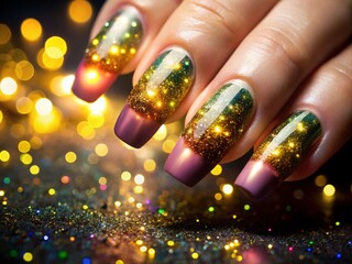 Close-up of Elegant French Tip Nails with Glitter Under Firefly Light, Showcasing Graceful Curves and Shimmer for a Modern Aesthetic