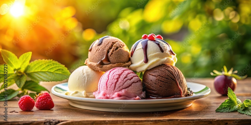 Poster a plate of ice cream with different flavors topped with chocolate sauce and garnished with fresh min