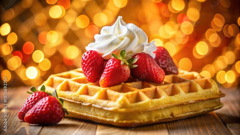 Poster a golden waffle topped with whipped cream and fresh strawberries, illuminated by a warm, bokeh backg
