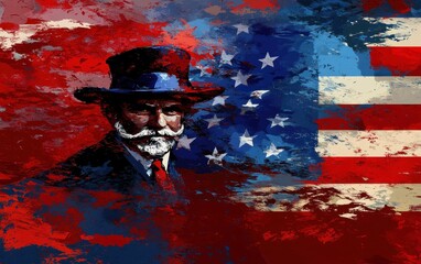 Abstract American Flag Portrait with Man in Top Hat - Patriotism, Freedom, and Unity.