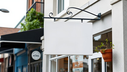 Blank white store sign design mockup. Street storefront shop, cafe, restaurant mounted signboard mock up design template isolated with white highlights, png