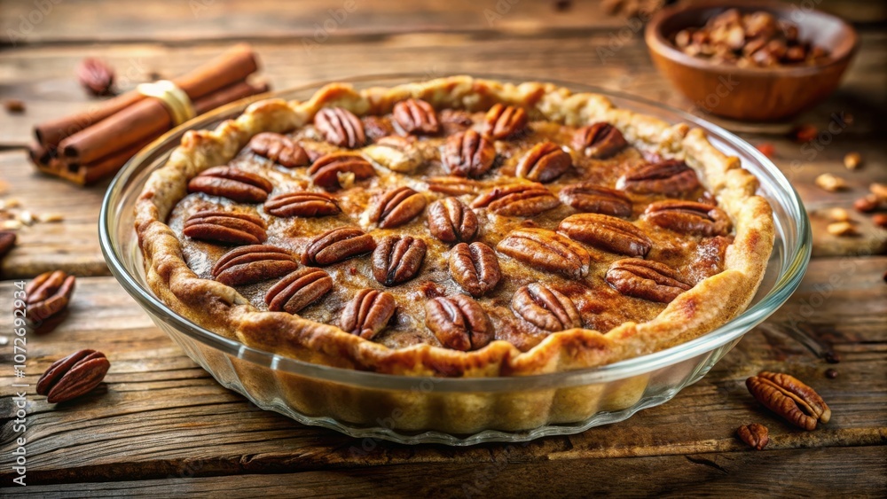 Poster a freshly baked pecan pie with a golden crust and a generous topping of pecan halves, presented on a