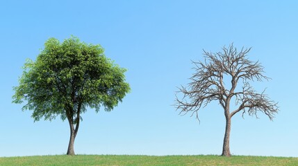 Fototapeta premium Green Tree and Dead Tree Side by Side Against a Blue Sky - Nature's Contrast