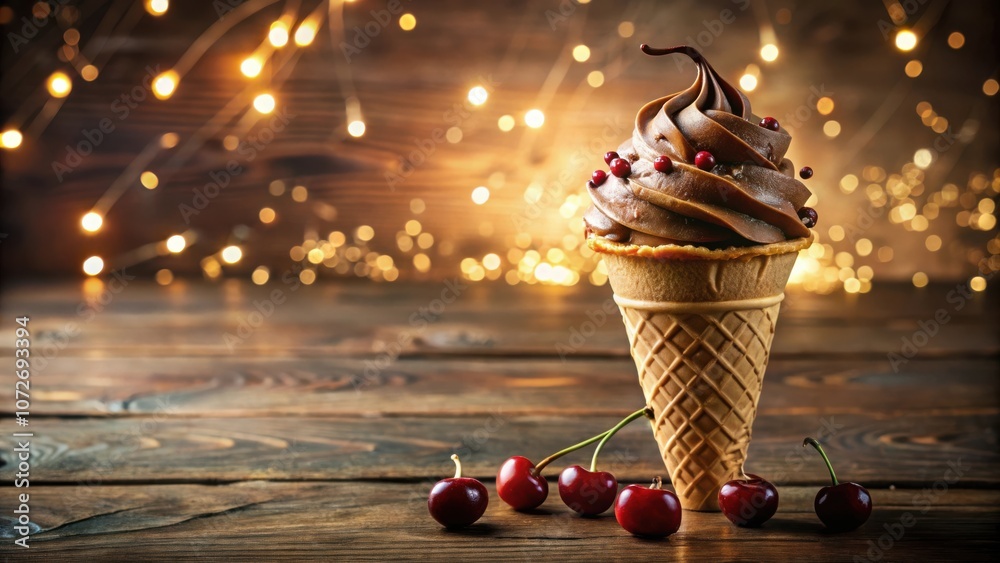 Aufkleber chocolate ice cream cone with cherries on a wooden table with festive lights in the background